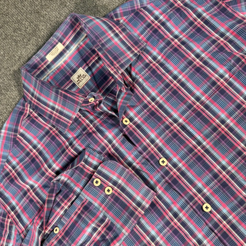 Peter Millar Mens Extra Large Pink Blue Plaid Cotton Button Down Shirt XL #4235